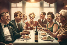 A Classic Cartoon Of A Big Extended Family Having A Celebration Big Dinner Around A Round Table, Everyone Smiling And Having Fun, Drinks And Food Aplenty, Happy And Cheerful