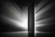 Light beams in the night. Screens in a studio image that show how their edges reflect light. Scientific, technological, or architectural abstract black and white backdrop composition with backlight