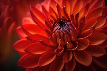 Macro shots of bright red dahlia flower petals taken in the summer. Photo of a blooming crimson dahlia blossom in a garden. Generative AI