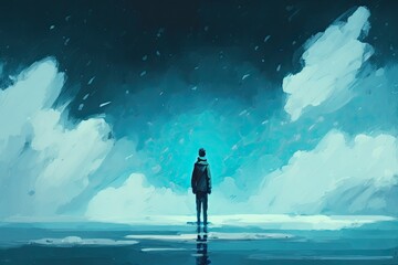 Wall Mural - gloomy depression Man floating alone in blue space, alone, and loneliness as an emotional notion in a surreal painting or digital artwork. Generative AI