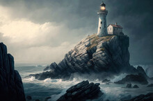 A Solitary Lighthouse On A Rocky Cliff Overlooking The Ocean - Generative AI