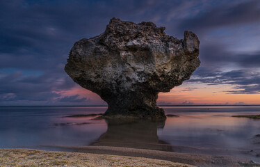 Wall Mural - A beach with moss covered rocks and a sunset in the background