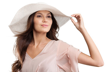 Poster - Young cute woman with hat  on background