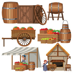 Sticker - Set of medieval house and object cartoon