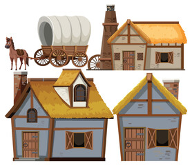 Canvas Print - Set of medieval house and object cartoon