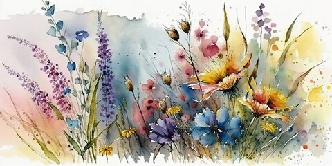 Wall Mural - 4K resolution or higher, A lovely watercolour painting of Great Plains flowers. Generative AI Technology