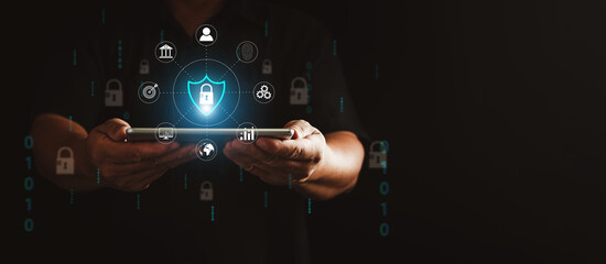 Cyber Security Internet and ​​Networking Concepts. Businessman hand and encrypt virtual lock screen icon. information safety and encryption, Digital technology safety.