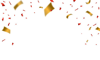 Red Gold confetti and ribbon background, isolated on transparent background. PNG illustration.