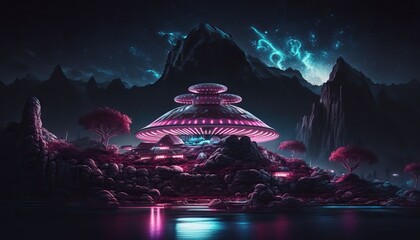 Wall Mural - 4K resolution or higher, esoteric euphoric late night alien world utopian mountain sanctuary fantasy. Generative AI Technology