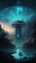 Wall Mural - 4K resolution or higher, esoteric euphoric late night alien world utopian mountain sanctuary fantasy. Generative AI Technology