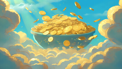 a pot of gold overflowing with shimmering gold coins. digital art illustration. generative AI.