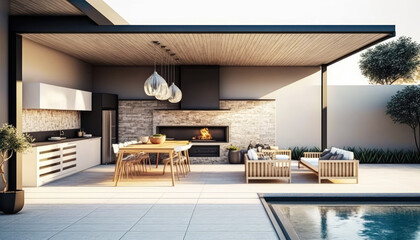 A stylish, open-air barbecue area with a chic pool, comfortable lounging area, and designer outdoor furniture, exuding effortless luxury and sophistication - Generative AI