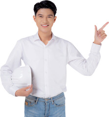 Portrait young asian man is engineer holding helmet standing and smiling with confident, male is architect or contractor presenting or showing something, industrial concept.