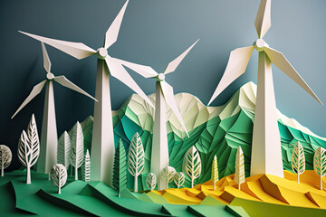 Paper art , renewable energy with green energy as wind turbines , Renewable energy by 2050 Carbon neutral energy , Energy consumption and CO2, Reduce CO2 emission concept, generative AI