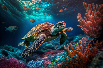 Sea turtle swimming in the under sea , Beautiful Underwater and colorfull coral in wild nature of the Pacific Ocean - ai