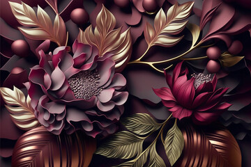 3d flowers and leaves dark background design in plum, pink, magenta, gold colors. AI generated. Luxury floral botanical pattern for greeting card, invitation, beauty products, fashion, template banner