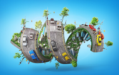 Road repair concept. Road in form of helix sign with different road conditions on a white background. 3d illustration