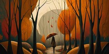 Painting Person Umbrella Forest Polished Spooky Colors Walking Towards Moody Dark Boulevard Broken Dreams Absence Heart Fonder Girl Wet Leaves Pathways, Generative Ai