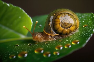 a tiny brown snail on a leaf of green, Abstract water drips on a flower leaf, a snail crawling on a leaf, Animal, Animal Shell, Animal Wildlife, Thailand, Africa. Generative AI