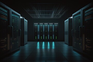 shot shows a modern data center in the dark with a row of server racks that are all operational. clo
