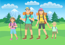 Man, Woman And Two Kids Hiking In Outdoor Mountain Landscape. Cartoon Vector Illustration, Family Weekend Activity.