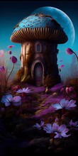 Mushroom House Middle Field Flowers Concept Art Painted Tower Moon Illustration Enchanted Dreams Fantasy Spell Icon Tall Door, Generative Ai