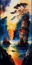 Painting Sunset Body Deep Rock Formations Cascadian Beautiful Retro Art Tall Trees Artist Used Bright Floating Island Coastline Chasm Intricate Scenery City Argyle, Generative Ai