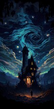 Person Standing Front House Night Spiraling Design Painting Fantasy Swirling Chimney Crafting Nightmare Curtains Starry Quaint Beautiful Tall Blue, Generative Ai