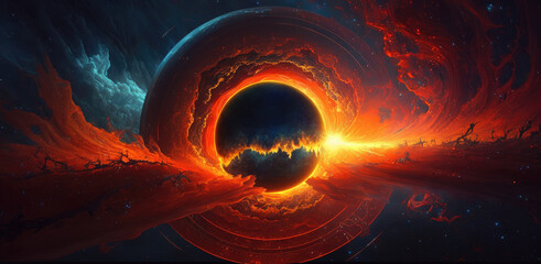 Wall Mural - Interdimensional portal rift aurora opening in space over rugged winter landscape, bright red cloudy fire vortex swirl, anti-matter implosion, 4th dimension travel, universe gateway - generative AI.