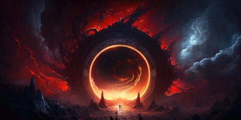Wall Mural - Interdimensional portal rift aurora opening in space over rugged winter landscape, bright red cloudy fire vortex swirl, anti-matter implosion, 4th dimension travel, universe gateway - generative AI.