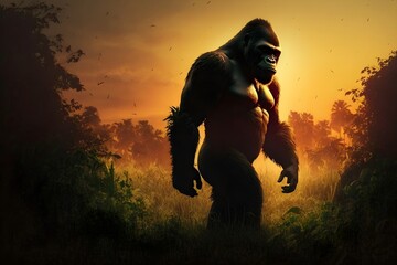 A gorilla standing in a grassy field in tropical jungle at the sunset, Generative AI