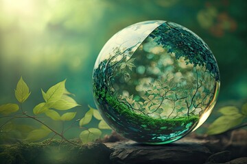 Poster - Save the planet. Environmental Concept Banner for World Earth Day. Glass green globe in the s with a sunny background. Generative AI