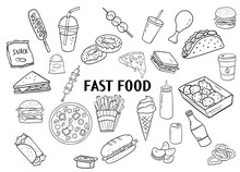 Fast Food Set For Menu, Packaging Or Cafe. Pizza, Barbecue, Ice Cream And Hot Dog.