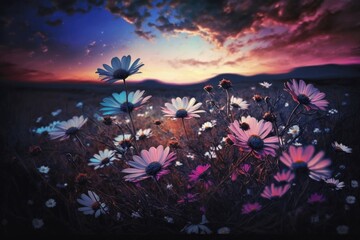 Poster - Meadow daisies in a field in the middle of the night, just before sunset. Natural setting with a stunning sky at sunset that is tinted blue, pink, and purple. Generative AI