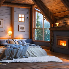 Poster - 18 A rustic bedroom with a log bed, stone fireplace and a cozy fur blanket2, Generative AI