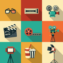 Collection Of Cinema Icons, For Movies And Entertainment With The Concept Of Film Strip, Popcorn, Video Clip, 3d Glasses And More. Set Of Vector Illustrations Of Cinema Movies On Colorful Backgrounds.