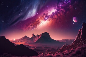 Wall Mural - landscape with purple milky way and red city lights. night sky with stars and hills at summer. amazi