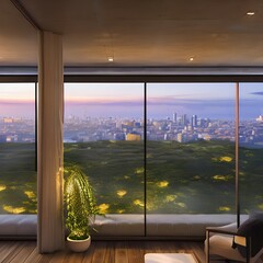 Wall Mural - A room with a view of the city and light walls1, Generative AI