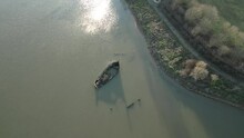 Shipwreck Seen From Above At The Blackwater Estuary In Maldon, Essex, United Kingdom. Aerial Drone Shot