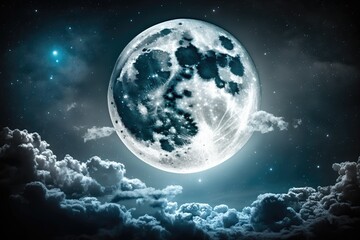 Sticker - Full moon with white clouds and stars in blue tinted nighttime lighting. Generative AI