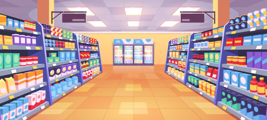 supermarket aisle perspective view. vector cartoon illustration of product shelves full of colorful 