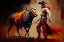 Matador, Bullfighter Fights Bull In The Arena, Art Illustration Painted, Generative Ai