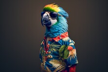 This Anthropomorphic Parrot Tourist Is Soaking Up The Sun, Sporting A Colorful Hawaiian Shirt. Generative AI.