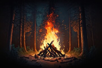 Canvas Print - Burning of woods in the campfire. Generative AI