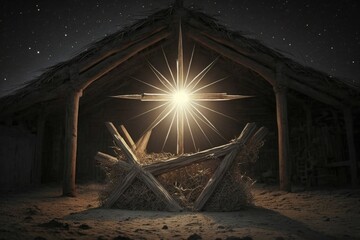 Wall Mural - the star shines over the manger of christmas of jesus christ. generative ai