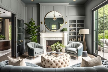 Chic living room filled with built in cabinets flanking round mirror atop grey tile fireplace, tufted sofa facing two armchairs and window wall overlooking lush outdoors. Northwest, USA. Generative AI