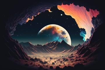 Wall Mural - view of the cosmos as seen from the surface of the moon. illustration of a faraway location in abstr