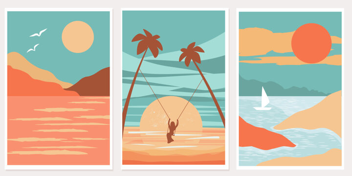 set of abstract modern summer posters with the image of the ocean, boats on the background of the su