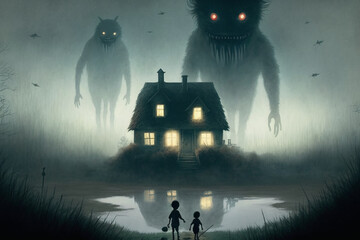 a frightening shadowy swamp being creeping up on two small children outside their house by a misty swamp. Frightening. Scary. Horror.  Generative AI