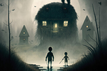 Wall Mural - a frightening shadowy swamp being creeping up on two small children outside their house by a misty swamp. Frightening. Scary. Horror.  Generative AI